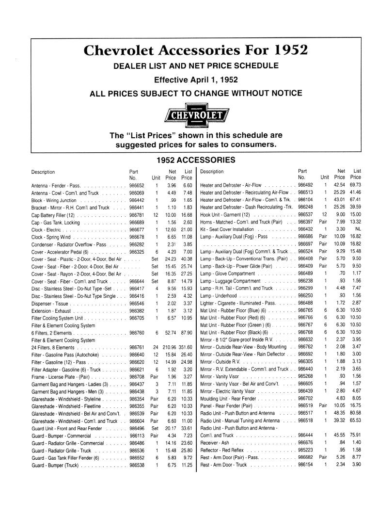 1952 Chevrolet Accessories Price List Page 1
